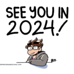An illustration of Emily leaning over a table top, looking at the viewer. Above reads "See you in 2024!"