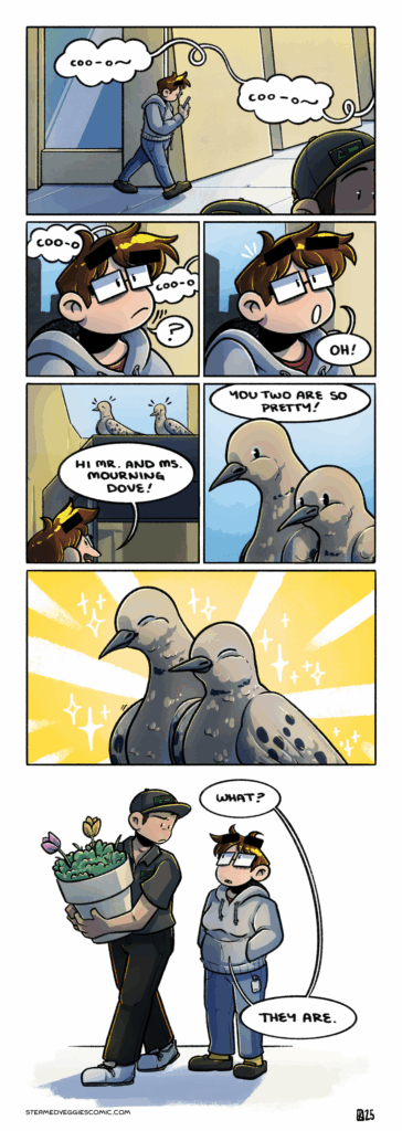 A seven panel, full color comic. In the first panel, Emily walks around the corner of an office building, looking at her phone. There are landscape workers in the foreground, and soft cooing whirling in from off panel. In the second panel, Emily lifts her head up in confusion, noticing the cooing. In the third panel, she exclaims "oh!" with a small start. In the forth panel, we turn the camera around to see that Emily is looking at two mourning dovs sitting on top of an awning. She cheerily greets them with "Hi Mr. and Ms. Mourning Dove!" In the fifth panel, we zoom in on the mourning doves, looking down as Emily addresses them off panel: "you two are so pretty!" In the sixth panel, both of the mourning doves squint and beam with pride. In the seventh panel, one of the landscape workers looks at Emily with confusion and slight derision. She replies with, "What? They are."